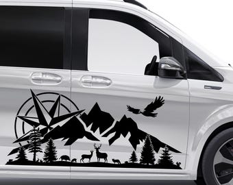 2 Pcs Nature Mountains Animals and Compass Graphics Decal Both Sides for any Vehicle Vinyl RV Car Truck Camper Van Trailer Offroad Stickers
