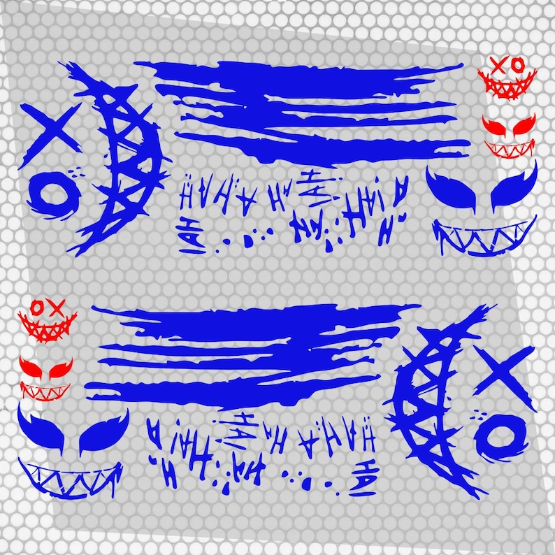 May include: A decal sheet featuring blue brushstroke patterns, text reading HAHA, and stylized graphic elements including blue and red grinning faces with sharp teeth, crescent moon shapes with X and O markings, and pointed eye designs.