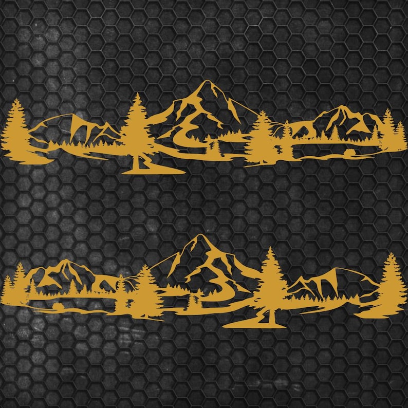 May include: Two identical golden-yellow mountain and forest silhouette decals. Each decal features a mountain range, trees, and a river or lake. The background is a dark, textured surface with a honeycomb pattern.
