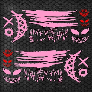 May include: A set of vinyl decals featuring pink brushstroke patterns, stylized crescent moon shapes with XO markings, and repeated HAHA text. The design includes small red and pink grinning face icons with sharp teeth and pointed eyes.
