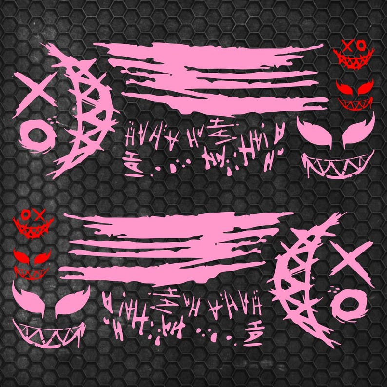 May include: A set of vinyl decals featuring pink brushstroke patterns, stylized crescent moon shapes with XO markings, and repeated HAHA text. The design includes small red and pink grinning face icons with sharp teeth and pointed eyes.