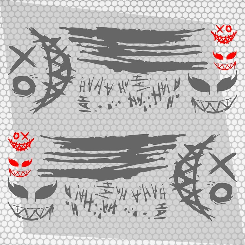 May include: A decal sheet featuring dark gray and red graphic elements. Designs include stylized crescent moon shapes with X and O markings, horizontal brush strokes, repeated HAHA text, and various grinning faces with sharp teeth in red and gray.