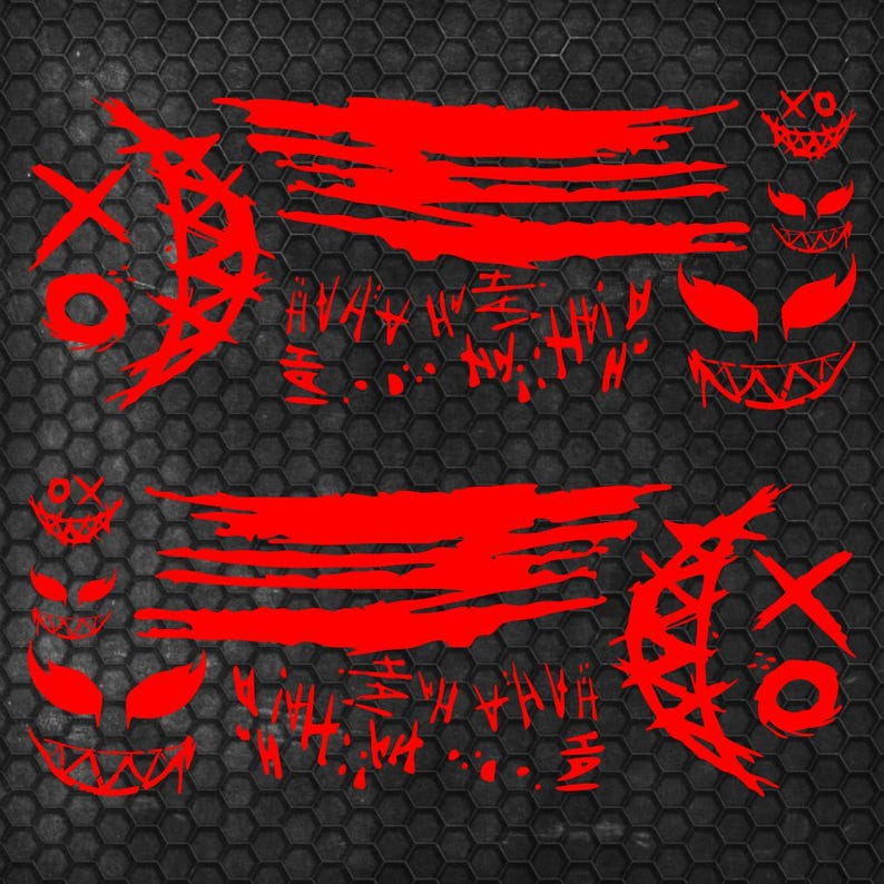 May include: A set of red vinyl decals featuring stylized graphic elements including crescent moon shapes with X and O markings, horizontal brush stroke patterns, repeated HAHA text, and various grinning faces with sharp, pointed teeth.