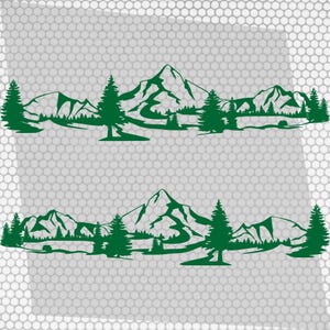 May include: Green mountain and forest silhouette design. The image features two identical horizontal designs of a mountain range with trees. The design is a solid green color and is set against a gray background.
