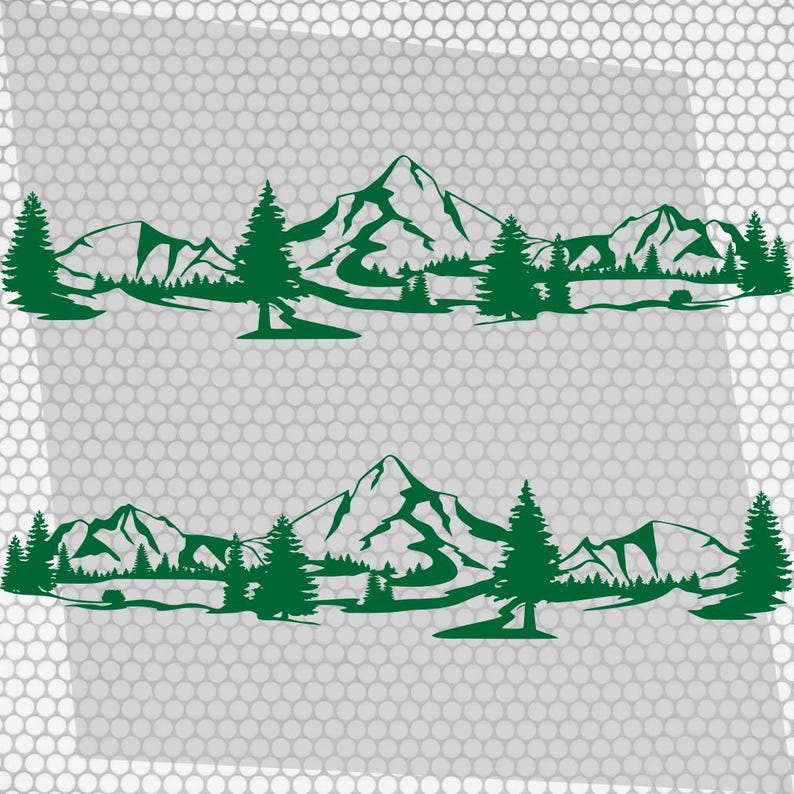 May include: Green mountain and forest silhouette design. The image features two identical horizontal designs of a mountain range with trees. The design is a solid green color and is set against a gray background.