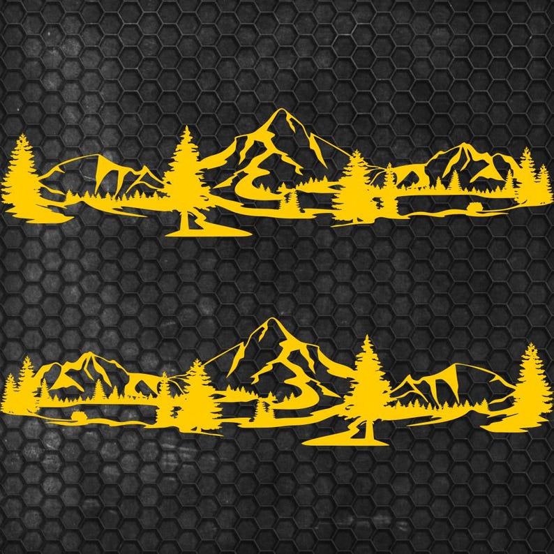 May include: Two yellow mountain and forest landscape decals. Each decal features a mountain range, trees, and a river or lake. The decals are designed to be applied to a vehicle or other surface. The background is a black, textured surface.