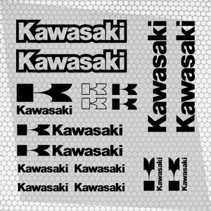 May include: A collection of black and white Kawasaki logos and text designs. The image features various Kawasaki wordmarks and stylized 'K' symbols, suitable for decals or branding. The background has a subtle, textured pattern.