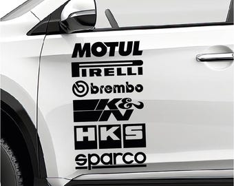 Set 2 Pcs Both Sides Cut Emblem Graphics Sponsor Stickers, Racing Brand Decal, JDM Drift Tuner Turbo Brake Tires Wheels Exhaust Decor Decals