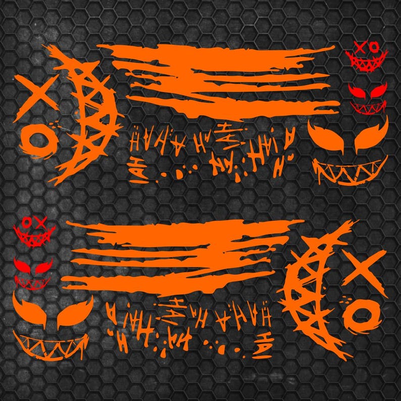 May include: A set of orange vinyl decals featuring two large crescent moon shapes with XO markings, two horizontal brushstroke patterns, and several smaller grinning face icons with sharp teeth and the repeated text HAHA.