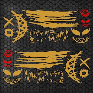 May include: A set of vinyl decals featuring gold brushstroke patterns, crescent moon shapes with X and O markings, and repeating HAHA text. The design includes small red and gold grinning face icons with sharp teeth and pointed eyes.