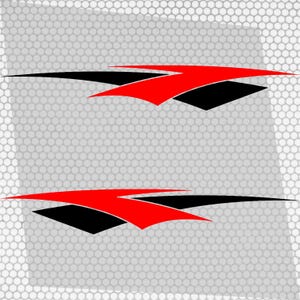 May include: Two identical red and black graphic decals. Each decal features a red arrow-like shape over a black angular shape. The decals are set against a gray, honeycomb-patterned background.