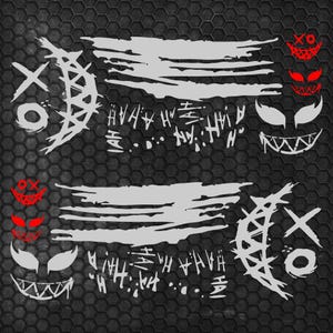 May include: A set of vinyl decals featuring white and red graphic designs. The elements include two crescent moon shapes with X and O markings, two horizontal brushstroke patterns, repeated HAHA text, and several stylized grinning monster faces.