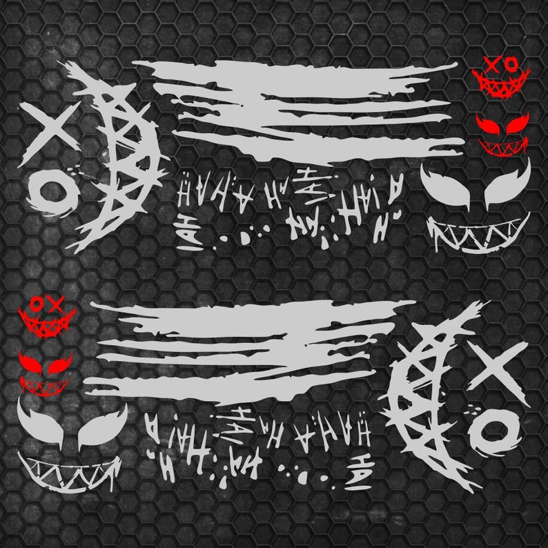 May include: A set of vinyl decals featuring white and red graphic designs. The elements include two crescent moon shapes with X and O markings, two horizontal brushstroke patterns, repeated HAHA text, and several stylized grinning monster faces.
