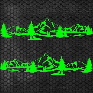 May include: Two neon green mountain and forest decals. Each decal features a mountain range, trees, and a river or lake. The decals are set against a dark gray, textured background.