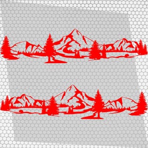 May include: Two red mountain and forest decals. Each decal features a mountain range with trees and a river. The decals are a solid red color and are designed to be applied to a surface. The background is a light gray, textured pattern.