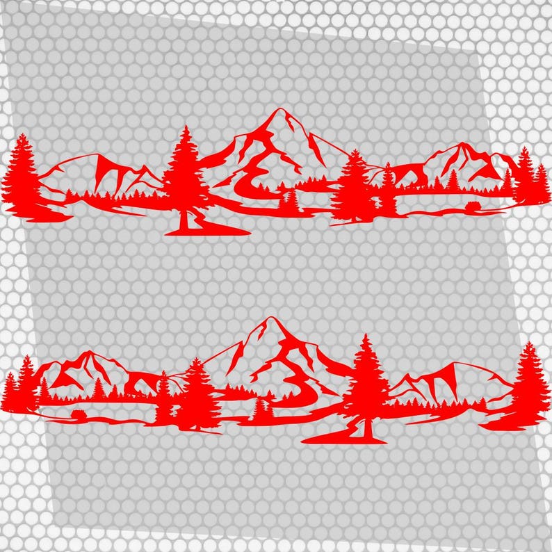 May include: Two red mountain and forest decals. Each decal features a mountain range with trees and a river. The decals are a solid red color and are designed to be applied to a surface. The background is a light gray, textured pattern.