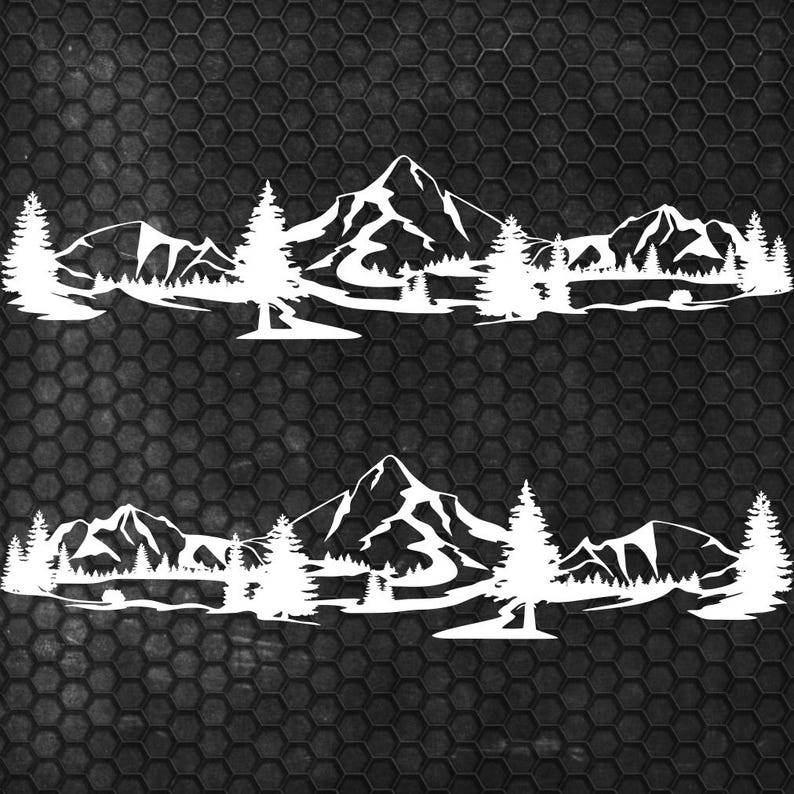 May include: Two white mountain range decals with trees and a lake design. The decals feature a detailed silhouette of a mountain landscape, perfect for car windows or outdoor gear.