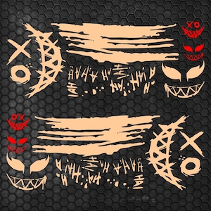 May include: A set of vinyl decals featuring beige brushstroke patterns, crescent moon shapes with X and O markings, and repeating HAHA text. The design includes small red and beige stylized grinning faces with sharp teeth and pointed eyes.