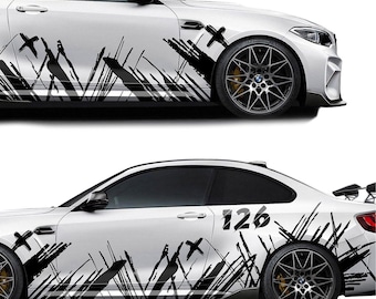 2er-Set Autoaufkleber mit Spritzschutzmuster und individuellen Startnummern | Vinylaufkleber mit seitlichem Spritzschutzmuster | Motorsport-Grafiknummern