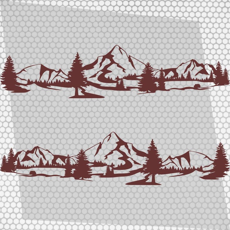 May include: Two identical brown mountain range decals. Each features a detailed silhouette of mountains, trees, and a river. The design is suitable for outdoor enthusiasts and adds a natural touch to any surface.