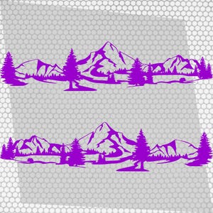 May include: Two purple mountain range decals with trees and a river. The design features a detailed silhouette of a mountain landscape, suitable for vehicles, laptops, or outdoor gear. The decals are a vibrant purple color.