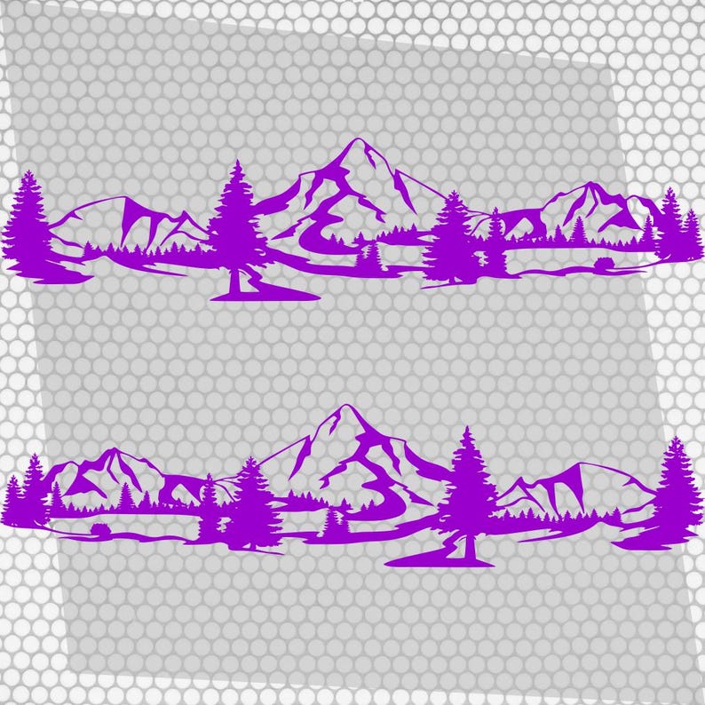 May include: Two purple mountain range decals with trees and a river. The design features a detailed silhouette of a mountain landscape, suitable for vehicles, laptops, or outdoor gear. The decals are a vibrant purple color.