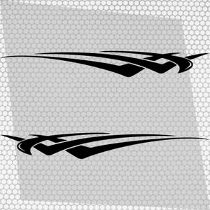 May include: Two black vinyl decals featuring a sharp, elongated tribal-inspired graphic design. Each decal consists of sweeping, pointed lines and angular shapes that taper to thin ends, creating a symmetrical, mirrored appearance for vehicle application.