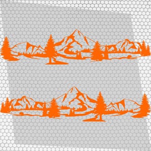 May include: Two orange mountain and forest landscape decals. Each decal features a mountain range, trees, and a river or lake. The decals are designed to be applied to a vehicle or other surface.
