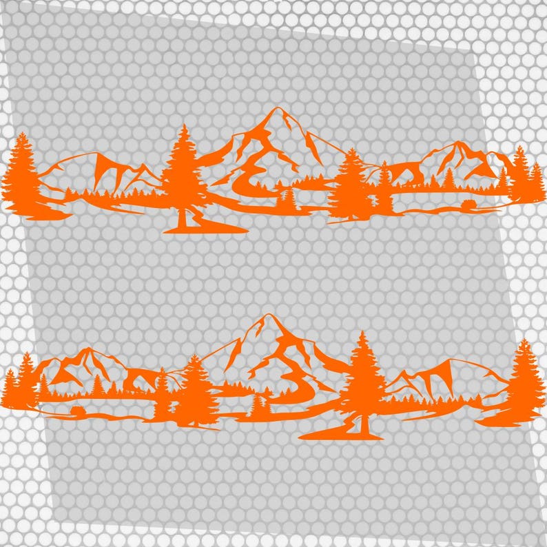 May include: Two orange mountain and forest landscape decals. Each decal features a mountain range, trees, and a river or lake. The decals are designed to be applied to a vehicle or other surface.