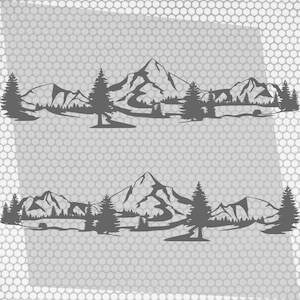 May include: Two identical gray mountain range decals. Each decal features a detailed silhouette of mountains, trees, and a winding river. The design is suitable for various applications, such as car windows or home decor.