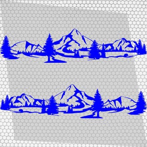 May include: Two blue mountain and forest silhouette decals. Each decal features a mountain range with trees and a river. The decals are a solid blue color and are set against a gray, textured background.