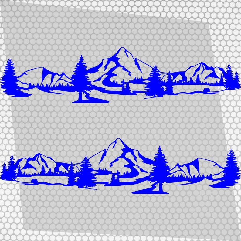 May include: Two blue mountain and forest silhouette decals. Each decal features a mountain range with trees and a river. The decals are a solid blue color and are set against a gray, textured background.
