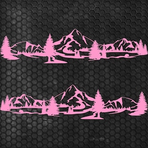 May include: Two pink mountain and forest silhouette decals. Each decal features a mountain range, trees, and a lake. The decals are displayed on a black, textured background.