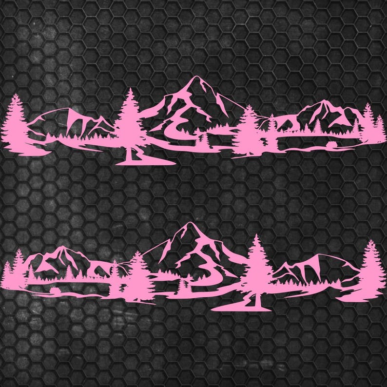 May include: Two pink mountain and forest silhouette decals. Each decal features a mountain range, trees, and a lake. The decals are displayed on a black, textured background.