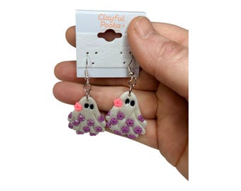 Floral Ghost Dangle Earrings – Cute Spooky Polymer Clay Jewelry | Clayful Pooka-Handmade Ghostie Earrings-Handmade Halloween Dangles