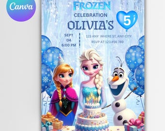 Frozen Birthday Invitation, Editable Frozen Elsa & Anna Party Invitation, Winter wonderland Printable invite Canva Template Digital Download