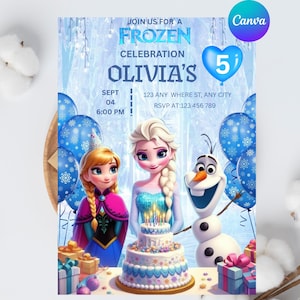 Può includere: Un invito per una festa di compleanno a tema Frozen con Elsa, Anna e Olaf. L'invito include il testo "Join us for a Frozen Celebration, Olivia's" con la data, l'ora e le informazioni RSVP. Sono presenti anche palloncini blu e una torta di compleanno.