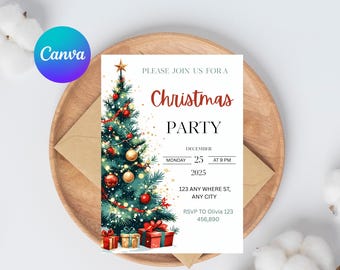 May include: A Christmas party invitation with a decorated Christmas tree, gifts, and text. The invitation is on a white background with the words "Christmas Party" in red. The date is December 25, 2025.