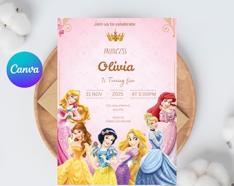 Princess Birthday Invitation, Princess Party Invite Editable Canva Template Printable Card (Digital Download)