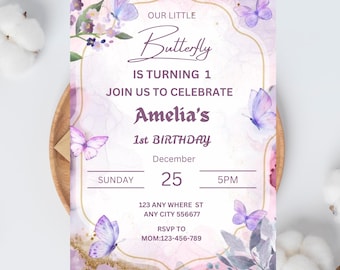 Schmetterlings-Geburtstagseinladungsvorlage für Mädchen, lila Blumenparty einladen, bearbeitbare Canva jedes Alter, druckbarer digitaler Download