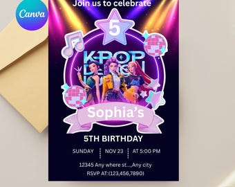 Kpop Demon Hunters Birthday Invitation Editable Canva Template, K-Pop Girls Party Invite, Printable Card, Kids Birthday Decor Digital Invite