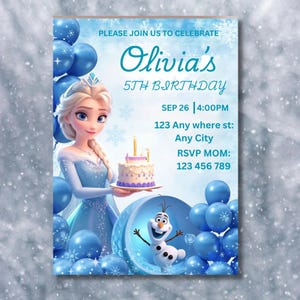 Può includere: Un invito di compleanno con una principessa dei cartoni animati, palloncini blu e fiocchi di neve. Il testo recita "Olivia's 5th Birthday" con i dettagli dell'evento. L'invito è progettato in tonalità di blu.