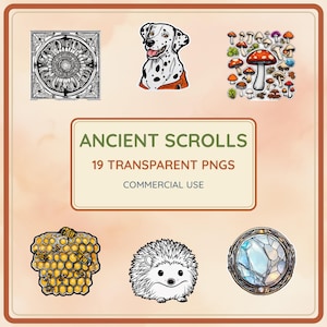 Può includere: Una collezione digitale di 19 file PNG trasparenti con illustrazioni di un mandala in bianco e nero, un cane maculato, vari funghi colorati, un favo con api, un riccio e un cristallo, con il testo ANCIENT SCROLLS.