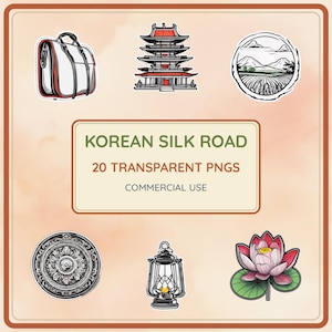 Puede incluir: Una colección digital titulada KOREAN SILK ROAD 20 TRANSPARENT PNGS COMMERCIAL USE con ilustraciones de un bolso blanco, una pagoda roja y negra, un paisaje circular, un medallón ornamentado, una linterna negra y una flor de loto rosa.
