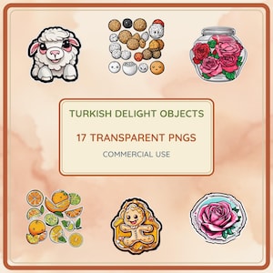May include: A digital collection of 17 transparent PNG graphics featuring Turkish delight objects, a cartoon sheep, a jar of pink roses, citrus fruit slices, a gingerbread figure, and a single pink rose, with the text TURKISH DELIGHT OBJECTS.