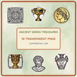 Pode incluir: Uma coleção digital de tesouros da Grécia antiga com 10 arquivos PNG transparentes para uso comercial. O gráfico exibe um relevo arquitetônico quadrado, um cálice dourado, uma moeda de ouro, uma urna dourada, um busto e um vaso de cerâmica.