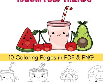 Kawaii Food Coloring Pages, Digital Download, Cute Kawaii Coloring Book for Kids, 10 pages Kawaii Donut, Kawaii Cupcake, Kawaii Burger
