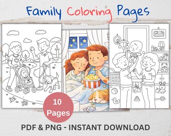 Family Coloring Pages | 10 Printable Cozy Everyday Scenes | Digital Coloring Book PDF & PNG | Romantic Couple Valentine's Coloring Book