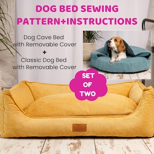Op de afbeelding: Een digitaal naaipatroon en instructies voor een hondengrotbed en een klassiek hondenbed, beide met afneembare hoezen. De afbeelding toont een geel corduroy hondenbed en een inzetstuk met een beagle in een blauwgroen corduroy grotbed. Tekst: DOG BED SEWING PATTERN+INSTRUCTIONS, Dog Cave Bed with Removable Cover, Classic Dog Bed with Removable Cover, SET OF TWO.