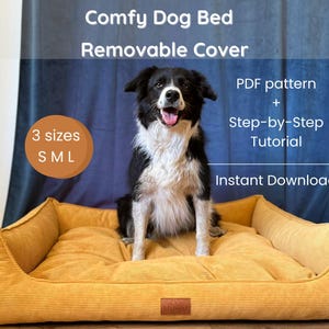 Puede incluir: Una cama para perro de pana color amarillo mostaza con funda extraíble. El texto dice: Comfy Dog Bed, Removable Cover, 3 sizes S M L, PDF pattern + Step-by-Step Tutorial, Instant Download. Un perro blanco y negro está sentado en la cama.